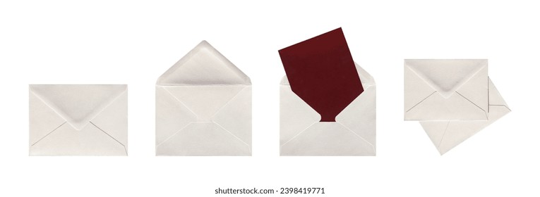 Set of gray paper envelopes isolated on a white background. Gray paper envelope with dark red or burgundy card. Clipping path. Flat lay. Top view - Powered by Shutterstock