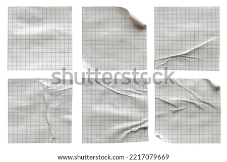 A set of Gray square grid pattern small glued crumpled and creased note memo paper isolated on white background.