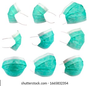 Set Of Green Anti Virus Surgical Face Masks, Isolated On White. Elements For Digital Photo Montage. Fine And Accurate Cut. Very High Resolution Photo, Each Mask Is About 12 Megapixels.