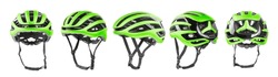 Set Of Green Bicycle Helmets With Side, Front And Back Views. Isolated On White Background.