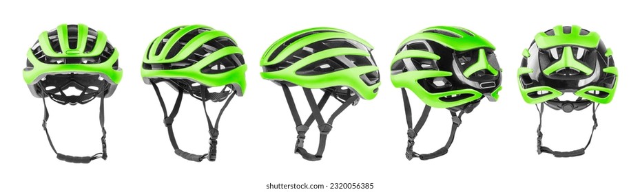 Set of green bicycle helmets with side, front and back views. Isolated on white background. - Shutterstock ID 2320056385