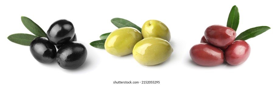 Set of green, black and red ripe olives isolated on white background - Powered by Shutterstock