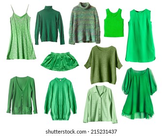 Set Of Green Female Clothes Isolated Over White
