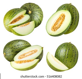 Set of green ripe melons isolated on white background