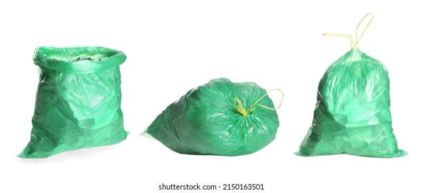 Set with green trash bags full of garbage on white background. Banner design - Shutterstock ID 2150163501
