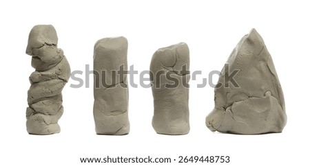 Set grey sculpturing, modelling clay isolated on white background	
