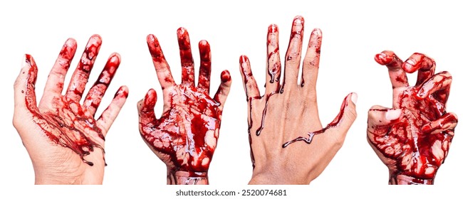 set of groups of several men's hands covered in blood isolated on a white background. concept of clipping path gore, zombie, murder, accident, crime, bloody horror hands. Focus on hands