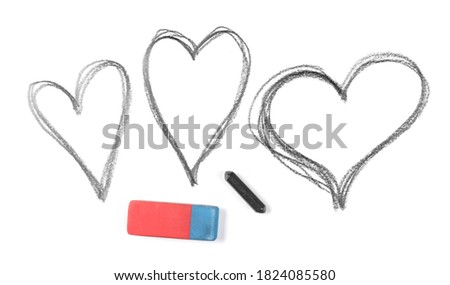 Set grunge heart shape, graphite stick with eraser hatching, sketching isolated on white background, top view