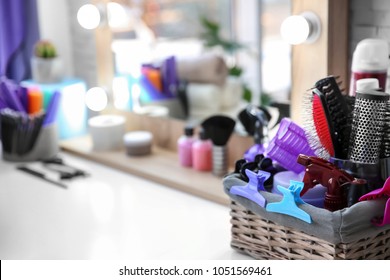 Set Of Hairdresser Tools On Table In Salon