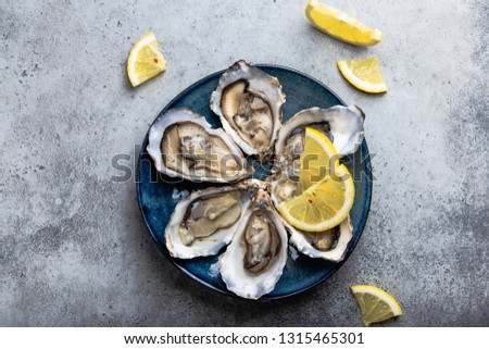 Set of half dozen fresh opened oysters in shell with lemon wedges served on rustic blue plate on gray stone background, close up, top view 