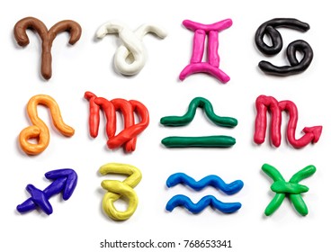 Set of hand drawn modeling clay zodiac signs. Handmade plasticine icons isolated on white background