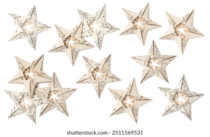 set of hand folded origami paper stars made of antique book pages isolated over a white background, paper craft, book art, sustainable Christmas and eco friendly holiday home decor and gifting concept - Powered by Shutterstock