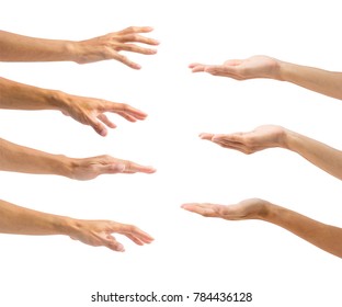 Set Of Hand Gesture Isolated On White Background With Clipping Path. Collection 7 In 1 Open Up Palm And Reach Palm Down Man Hand.