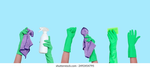 Set of hand in green gloves carrying sponge, rage, cleaner spray detergent isolated on colorful  background, offers an efficient and hygienic solution for household chores concept.  - Powered by Shutterstock