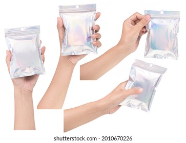 Set of hand holding Aluminum foil bag Plastic Laser Mylar Foil Zip Lock Bag isolated on white background. - Shutterstock ID 2010670226