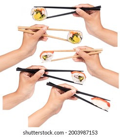 Set of hand holding chopstick to eat Sushi isolated on white background.