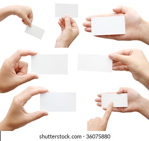 Set Of Hand Holding An Empty Business Card Over White