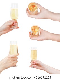 Set Of Hand Holding Glass With Sparkling Wine Isolated On White Background