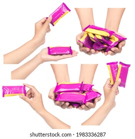 Set Of  Hand Holding Snack Crisp Packet Isolated On White Background