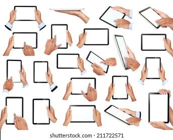 Set Of Hand Holding Tablet Isolated On White Background