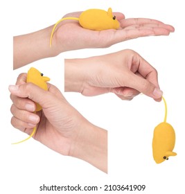 Set Of Hand Holding Yellow Mouse Cat Toys Isolated On A White Background.