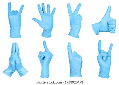 Set Of Hand Or Signs Gestures In Blue Disposable Latex Surgical Gloves Isolated On White Background. Hand Sign Set.