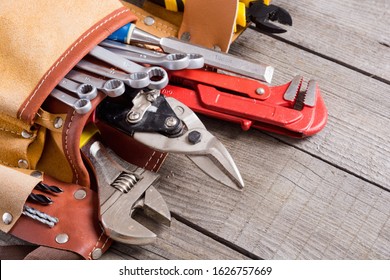 Set Of Hand Tools . Equipment On Wooden Background