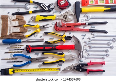 Set of hand tools . Equipment on wooden background