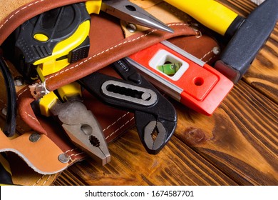 Set Of Hand Tools . Equipment On Wooden Background