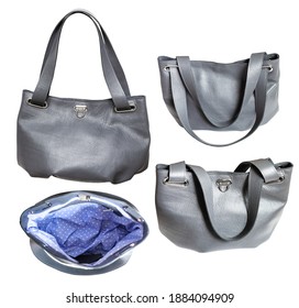 Set Of Handcrafted Soft Gray Leather Handbag With Blue Dotted Lining Isolated On White Background