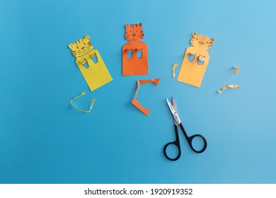 Set Of Handmade Bookmarks With Tiger Or Cat On Blue Background, Interesting Paper Craft For Kids, Step By Step Instruction, DIY, Art Project, Step 2