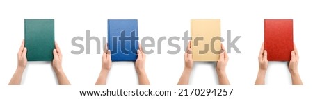 Set of hands with blank books on white background