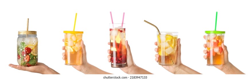Set Of Hands With Different Beverages Isolated On White