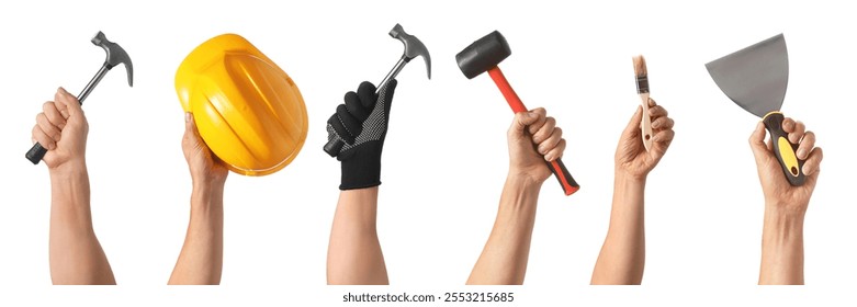 Set of hands with different tools on white background