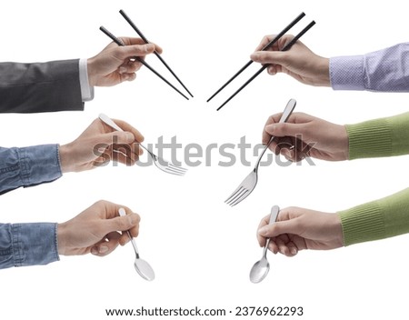 Similar – Image, Stock Photo Hand with cutlery and a bowl of green salad. Top view.