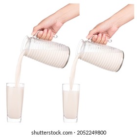 Set Of Hands Holding Jug With Milk And Pouring ​into Glass Isolated On A White Background.