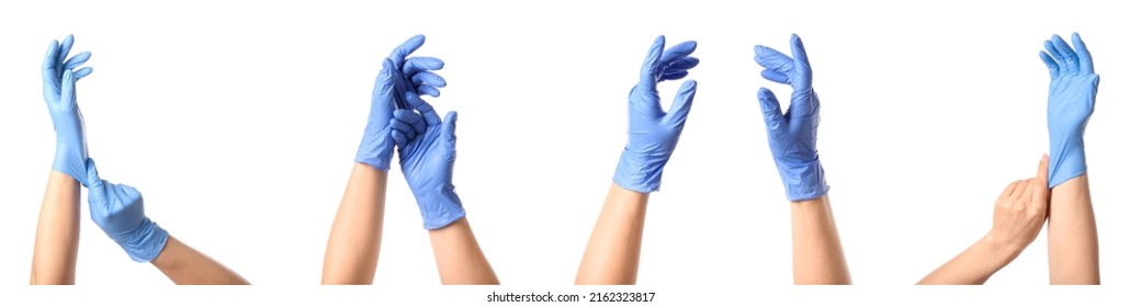 Set of hands in medical gloves isolated on white - Shutterstock ID 2162323817