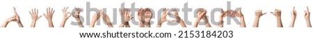 Set of hands showing different letters and gestures on white background