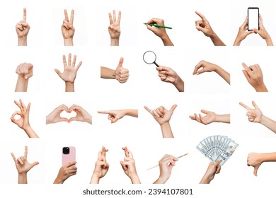 Set of hands showing gestures ok, peace, heart shape, thumb up, point to object, shaka, dislike, holding magnifying glass, phone, money, writing on a white background. Creative collage. Modern design - Powered by Shutterstock