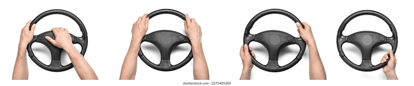 Set of hands with steering wheels on white background