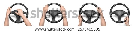 Set of hands with steering wheels on white background