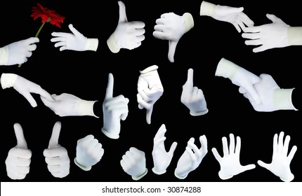 Set of hands in white gloves on a black background