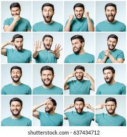 Set Of Handsome Emotional Man Isolated Over Gray Background