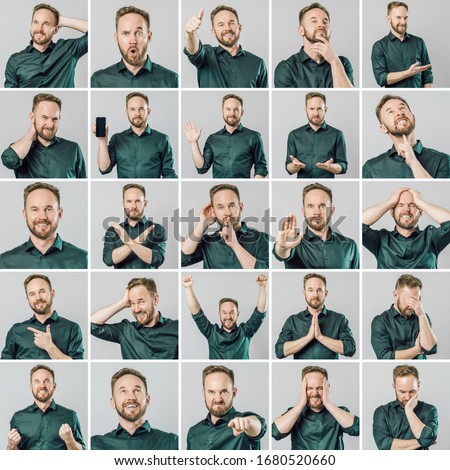 Set of handsome man with different emotions and gestures isolated over gray background