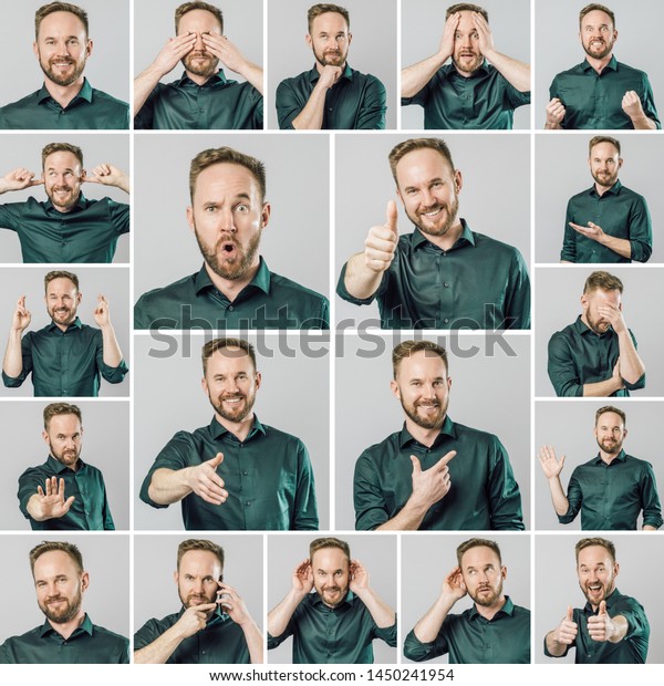 Set of handsome man with different\
emotions and gestures isolated over gray\
background