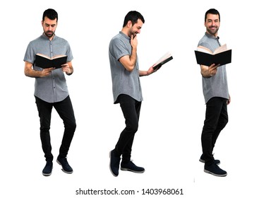 Set Of Handsome Man Reading A Book