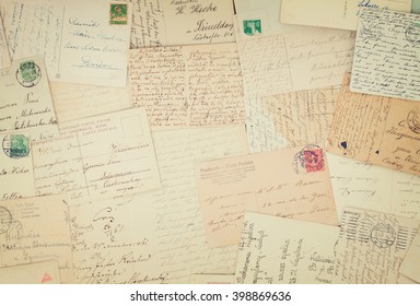 Set Of Handwritten Antique Letters Old Vintage Background, Retro Toned