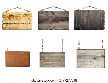 Set of hanging wooden signs on metal chains background