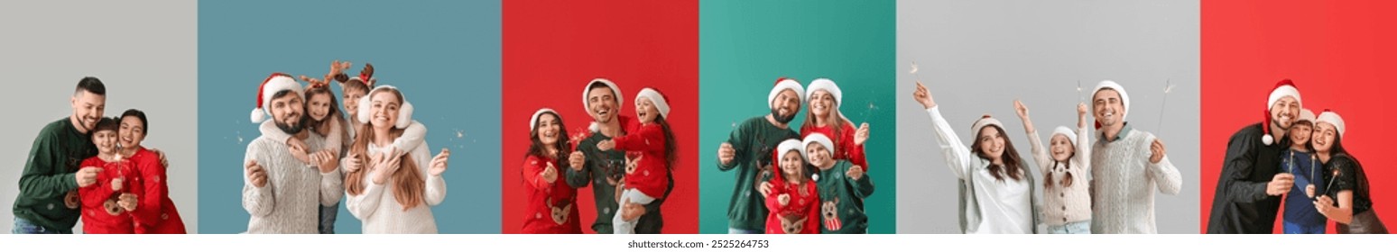 Set of happy families with Christmas sparklers on color background - Powered by Shutterstock