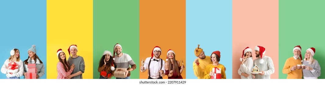 Set of happy family members celebrating Christmas and New Year on color background
